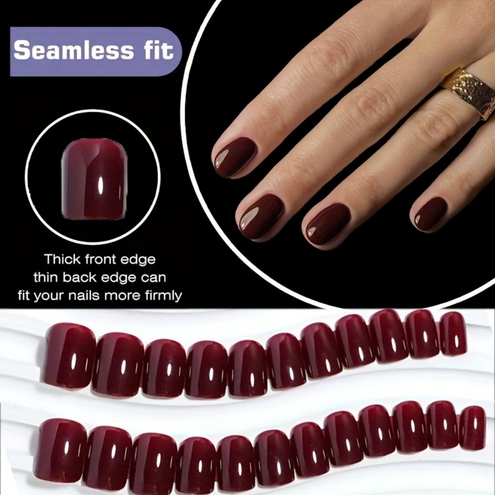 Nail Art Red Wine Cat Eye - ชุดเล็บปลอมทรงแคทอายสีแดงไวน์ 24 ชิ้นสำหรับเด็กผู้หญิง พร้อมกาว—เล็บอะคริลิกแบบสั้น ราคาไม่แพง ติดง่าย