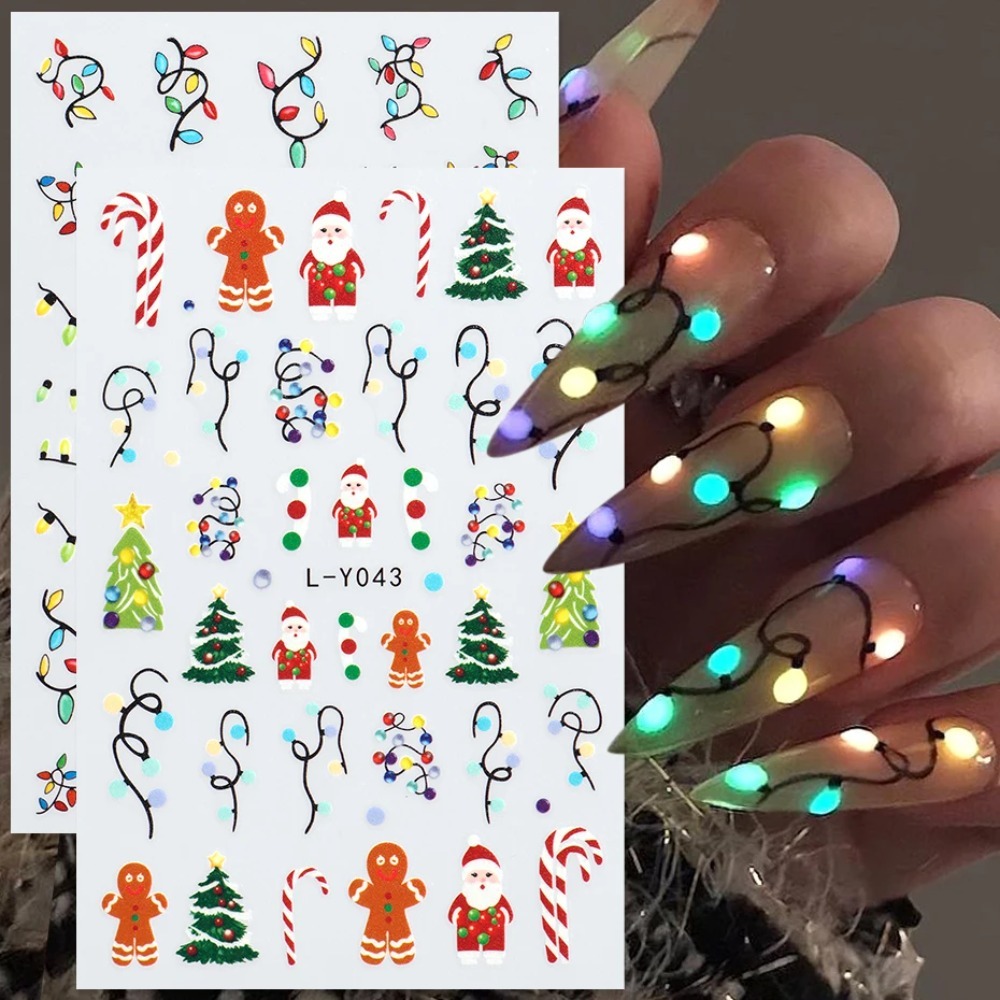 Nail Art For Men - สติกเกอร์ตกแต่งเล็บลายคริสต์มาส โคมไฟเรืองแสง หลอดไฟสี ต้นคริสต์มาส มนุษย์ขนมปังขิง เกล็ดหิมะ