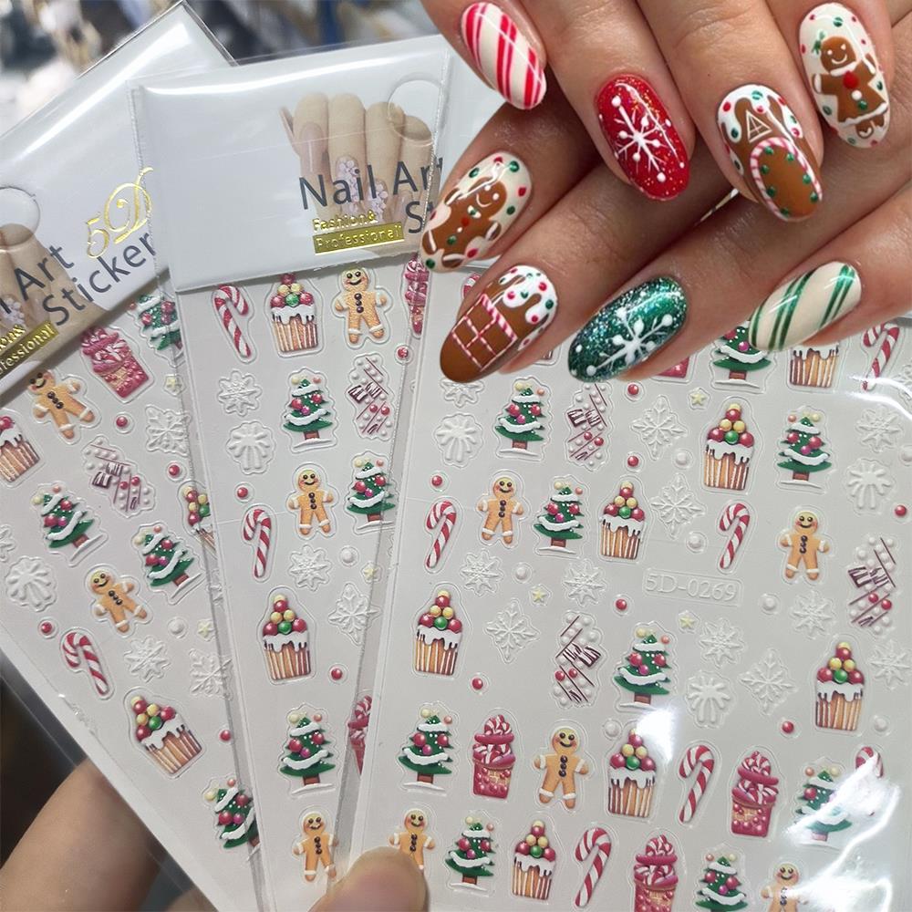 Nail Art For Men - สติกเกอร์ติดเล็บลายคริสต์มาส 5D ลายขนมปังขิง เค้ก เกล็ดหิมะ ต้นสน
