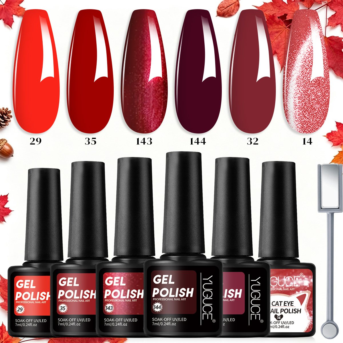 Nail Art Red Wine Cat Eye - ชุดยาทาเล็บเจลสีแดงไวน์และแดงเบอร์กันดี 7 ชิ้น ประกอบด้วยแท่งแม่เหล็ก อุปกรณ์ทาเล็บเจล UV