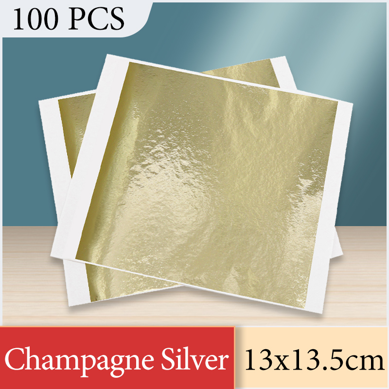 Nail Foil Transfer - 13x13.5 ซม.แชมเปญเงินฟอยล์กระดาษ Gold Leaf แผ่นศิลปะเฟอร์นิเจอร์ตกแต่งเล็บภาพวาด Gilding